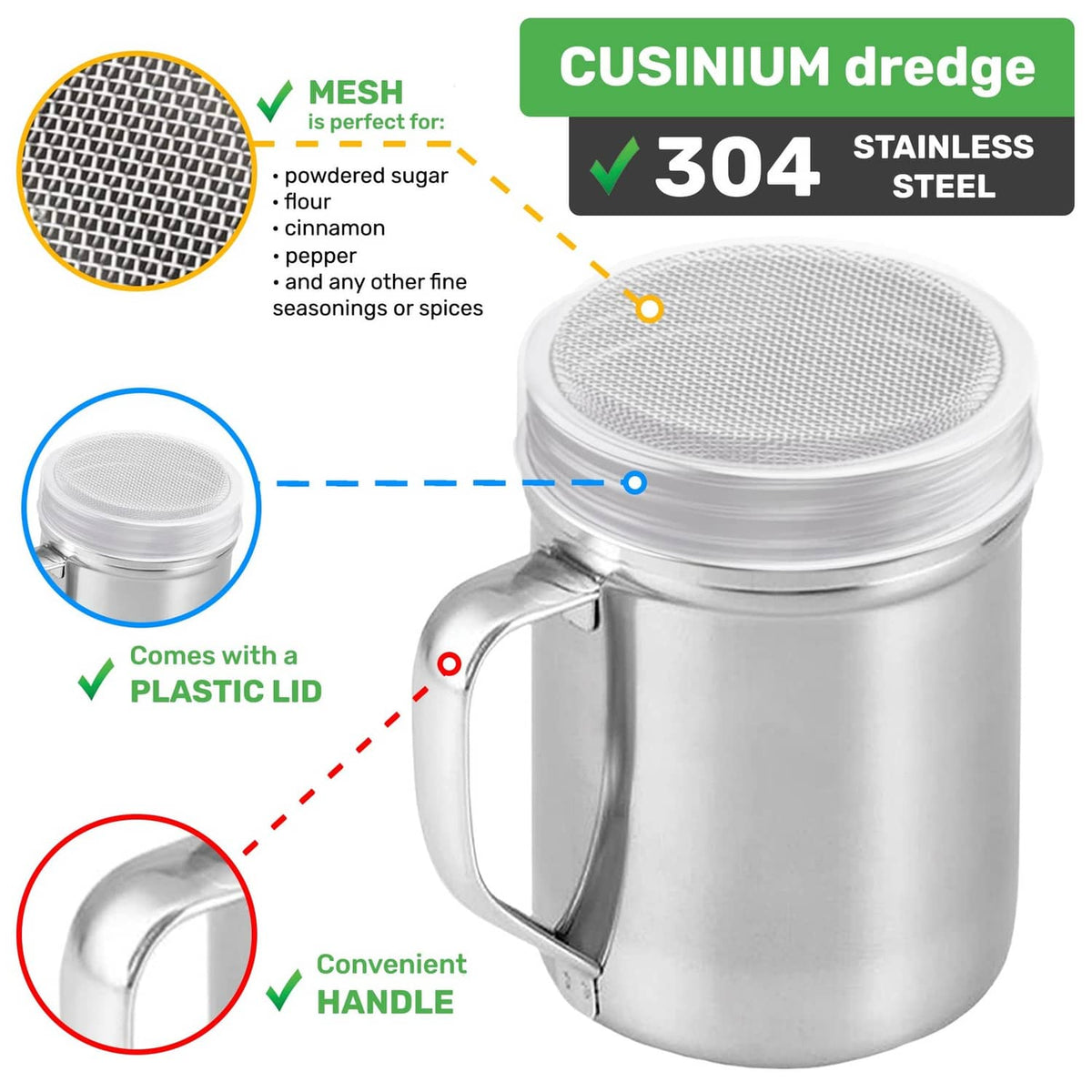 Stainless steel shaker duster with fine mesh screen, plastic lid, and handle