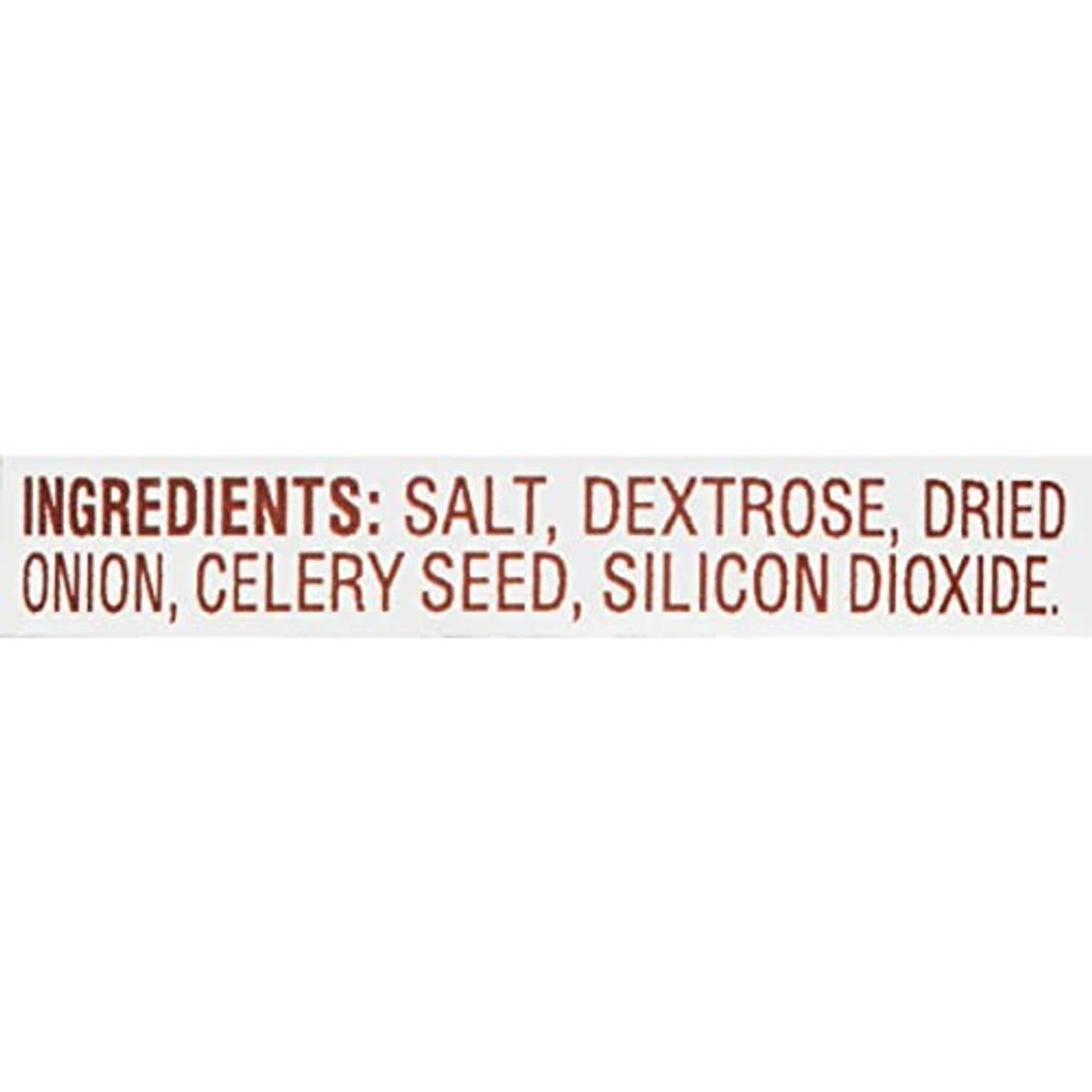 Ingredients panel close-up: salt, dextrose, dried onion, celery seed, silicon dioxide