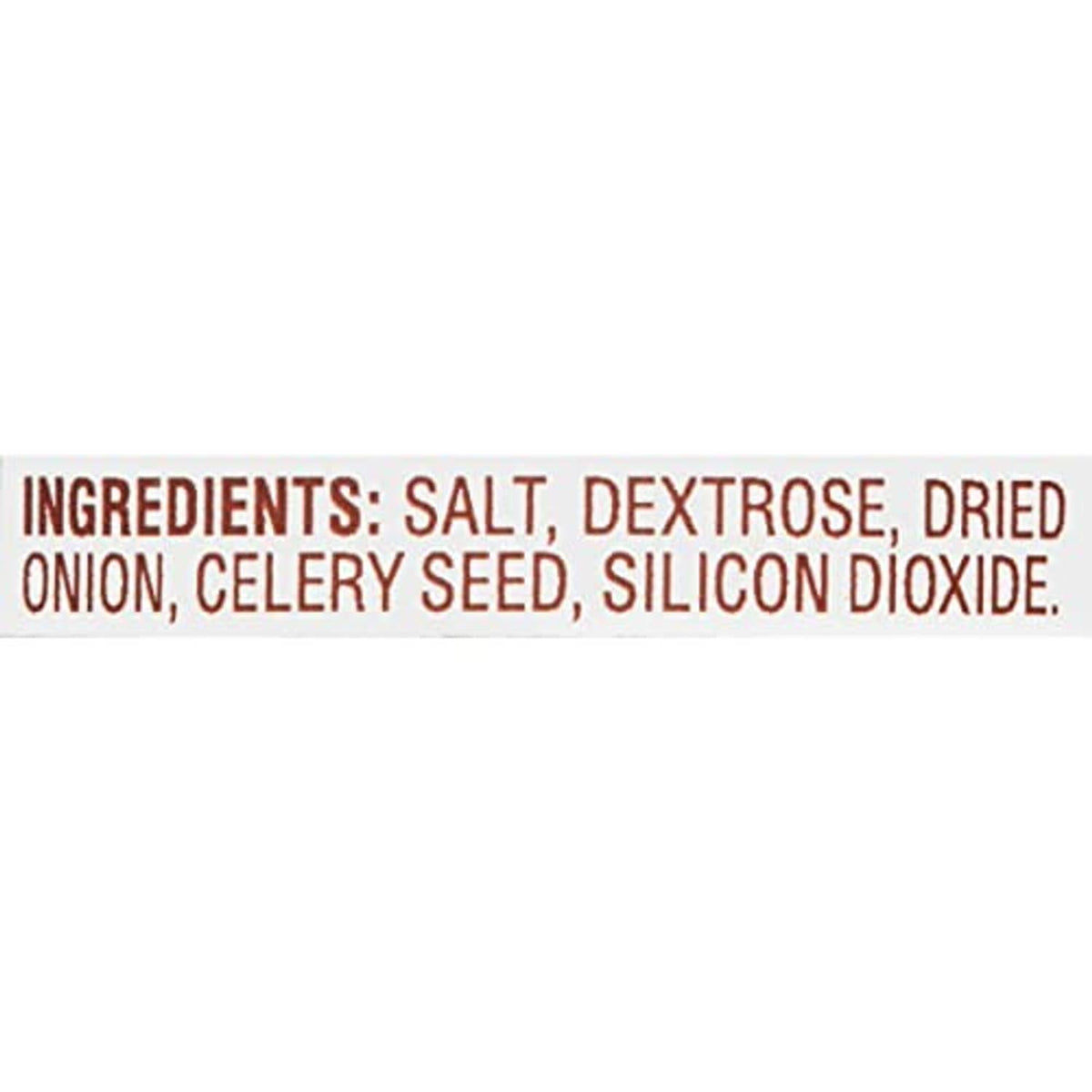 Ingredients panel close-up: salt, dextrose, dried onion, celery seed, silicon dioxide