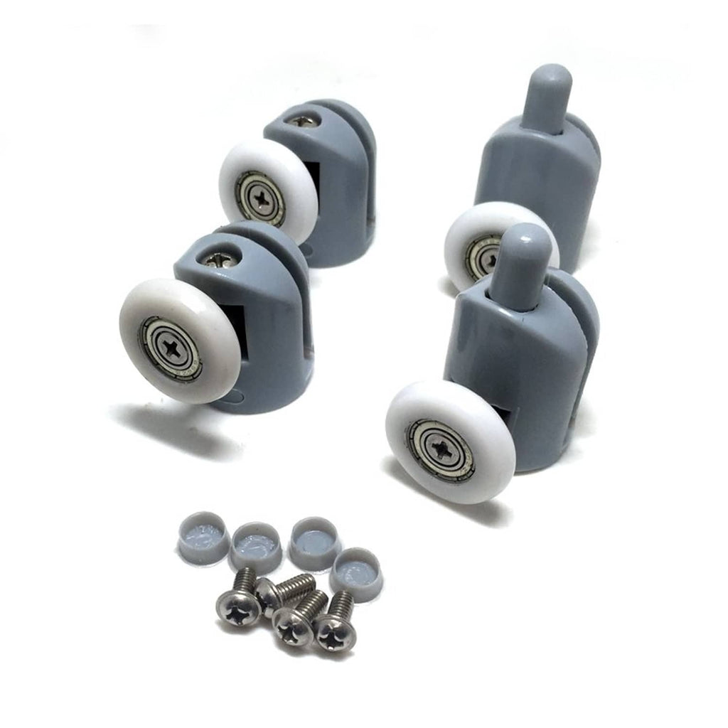 Gray shower door rollers with white wheels and included metal screws