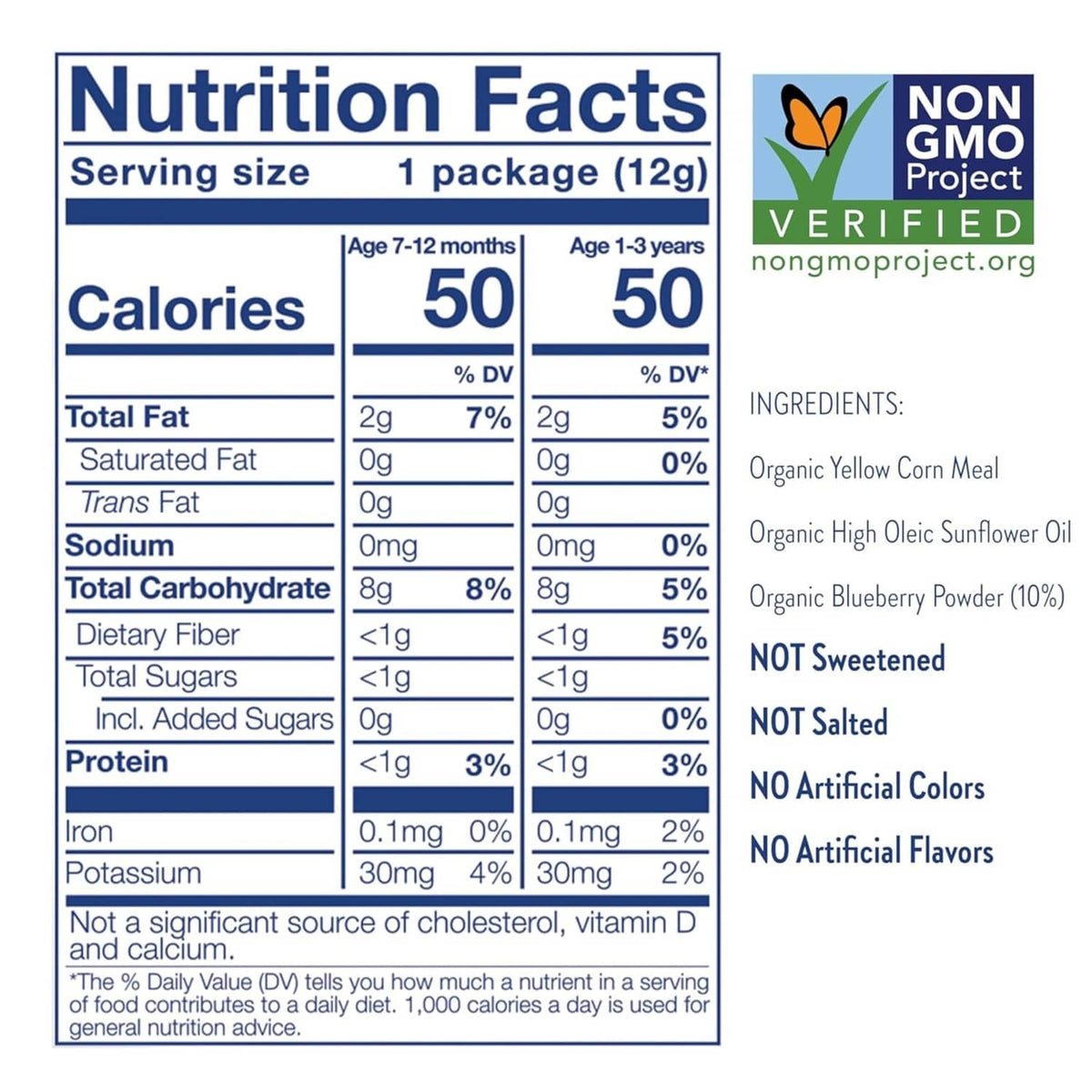 Little Bellies nutrition facts label with non-GMO and ingredient list for puffs