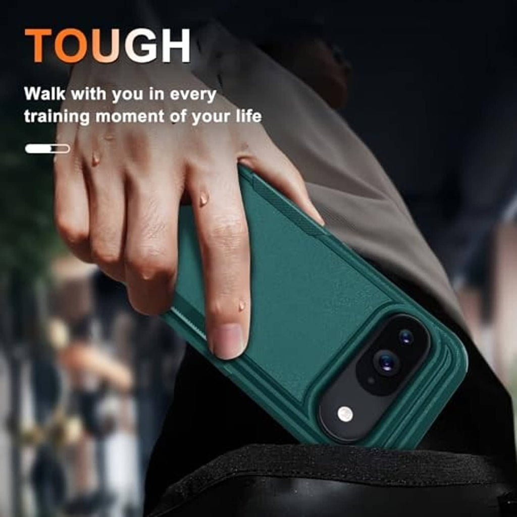 Teal Pixel 10 Pro XL phone case with textured grip and camera cutout, held in hand