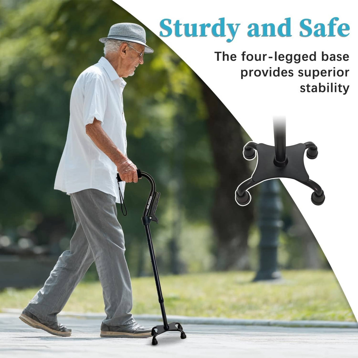 Adjustable foldable quad walking cane with four rubber feet for stability