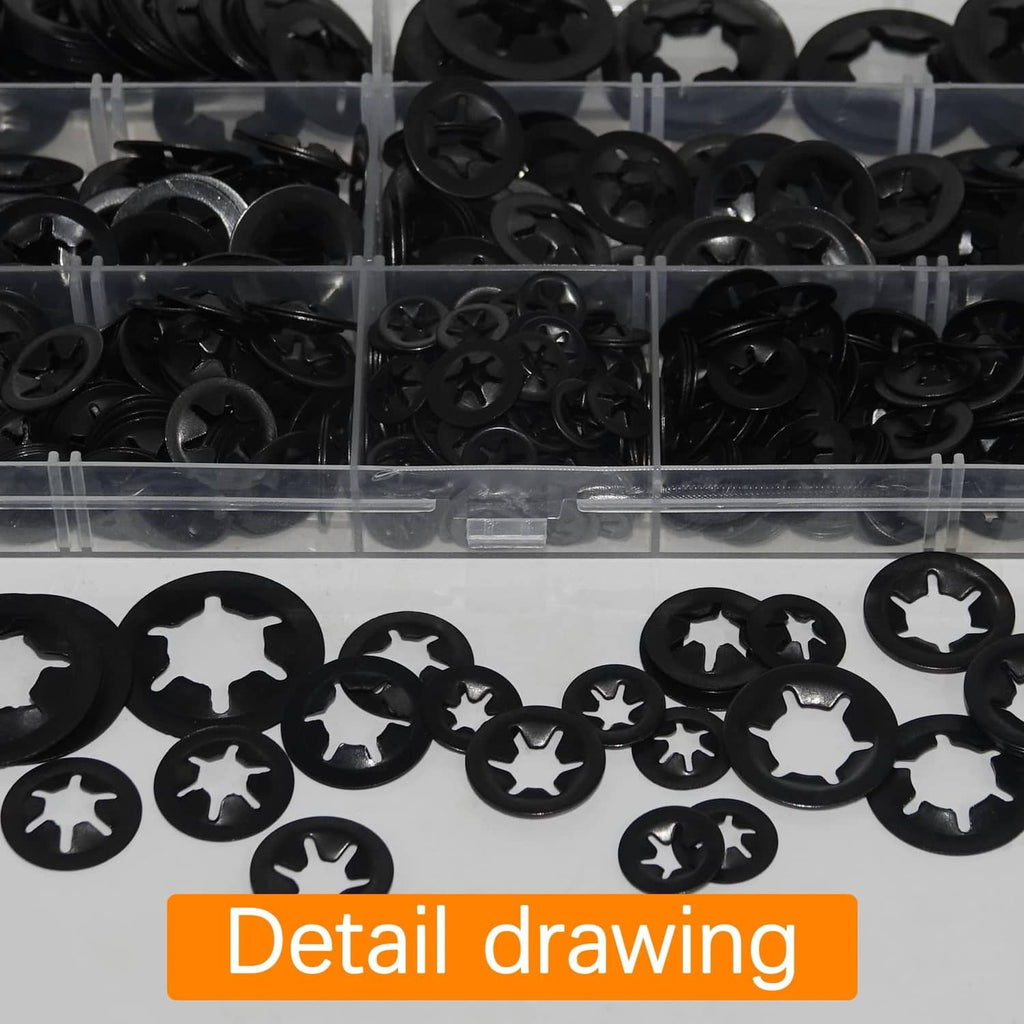 Close-up of black internal tooth star lock washers in clear divided storage