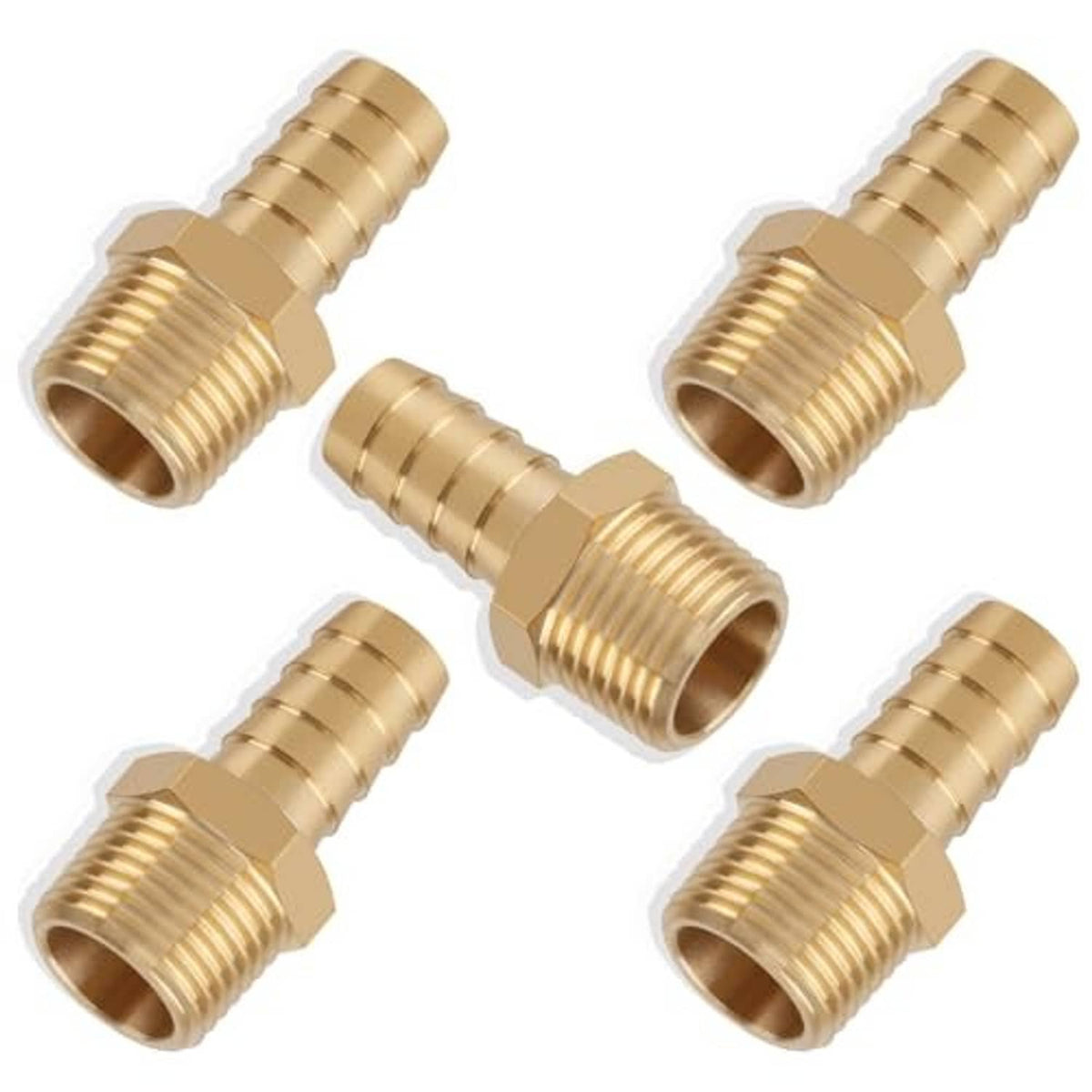 Assorted view of 5 brass hose barb fittings with male NPT threads, barbed hose ends
