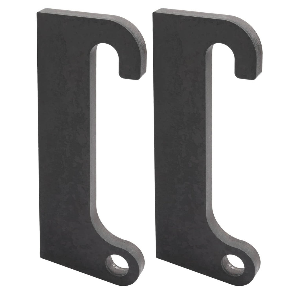 Pair of dark steel loader mount brackets with U-shaped top hooks and round bolt holes