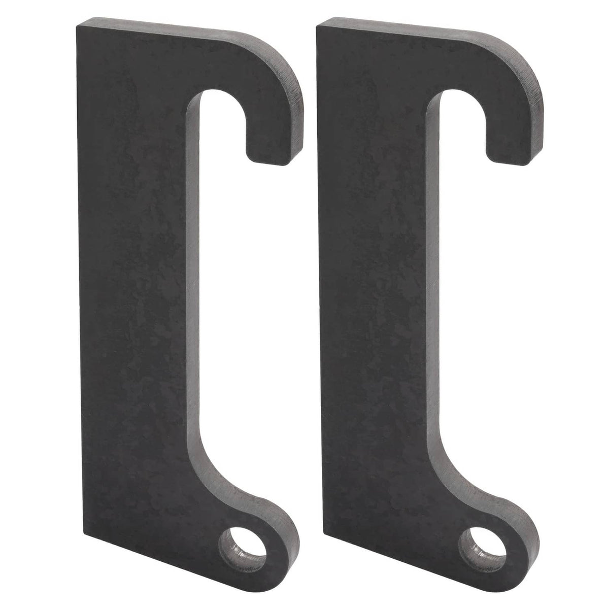 Pair of dark steel loader mount brackets with U-shaped top hooks and round bolt holes