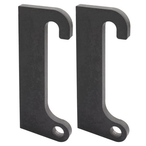 Pair of dark steel loader mount brackets with U-shaped top hooks and round bolt holes