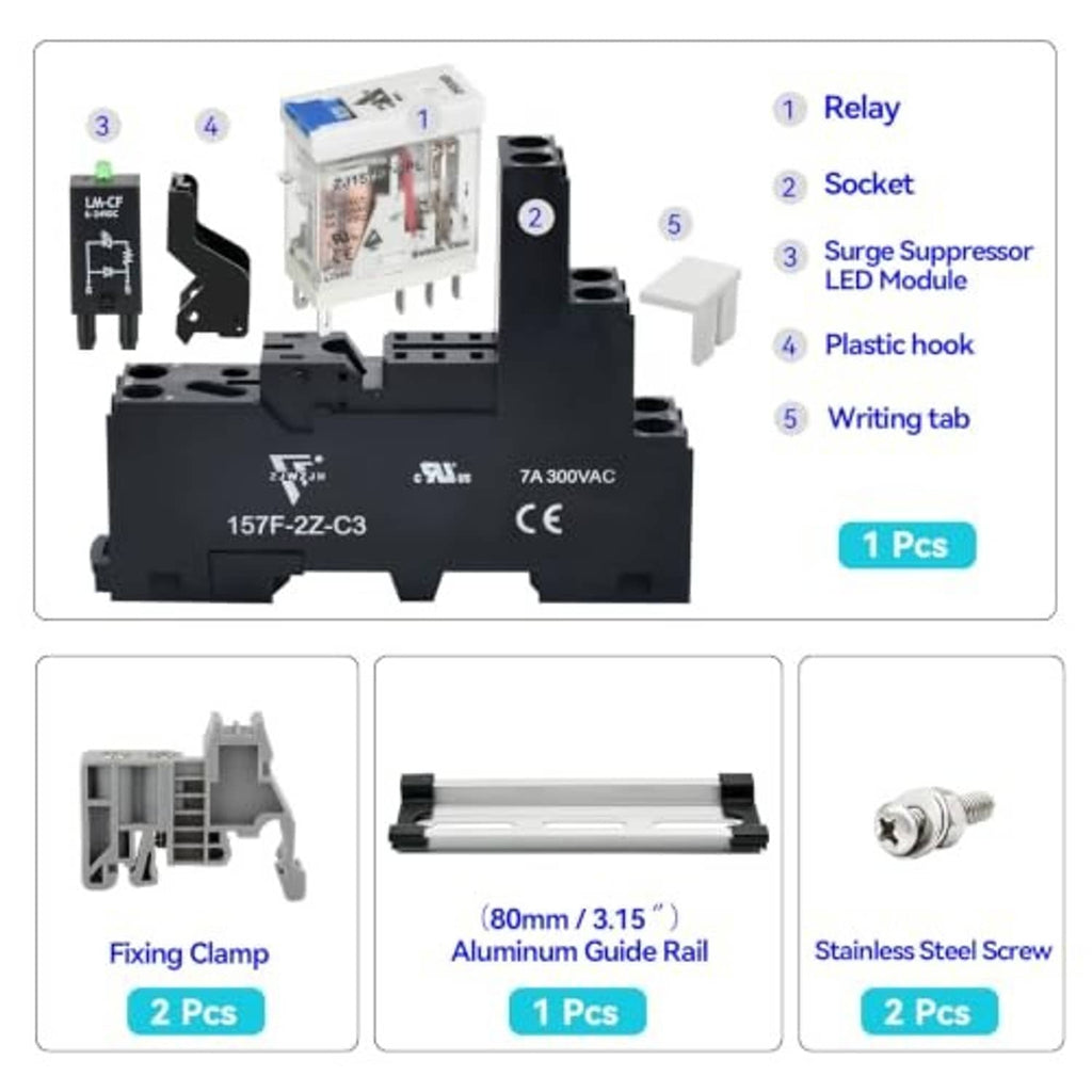 Relay kit exploded view: relay, socket, surge suppressor LED module, mounting hardware