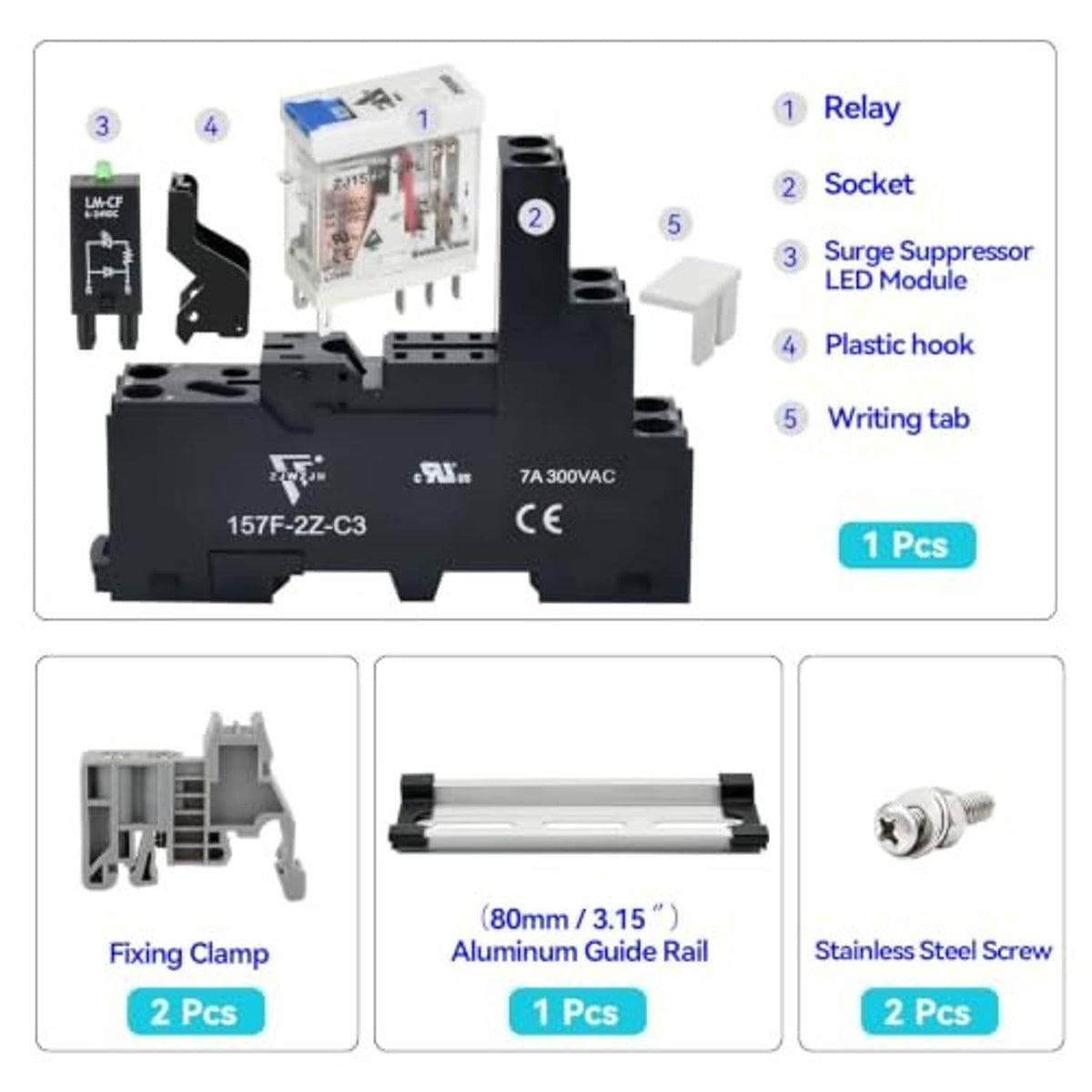 Relay kit exploded view: relay, socket, surge suppressor LED module, mounting hardware