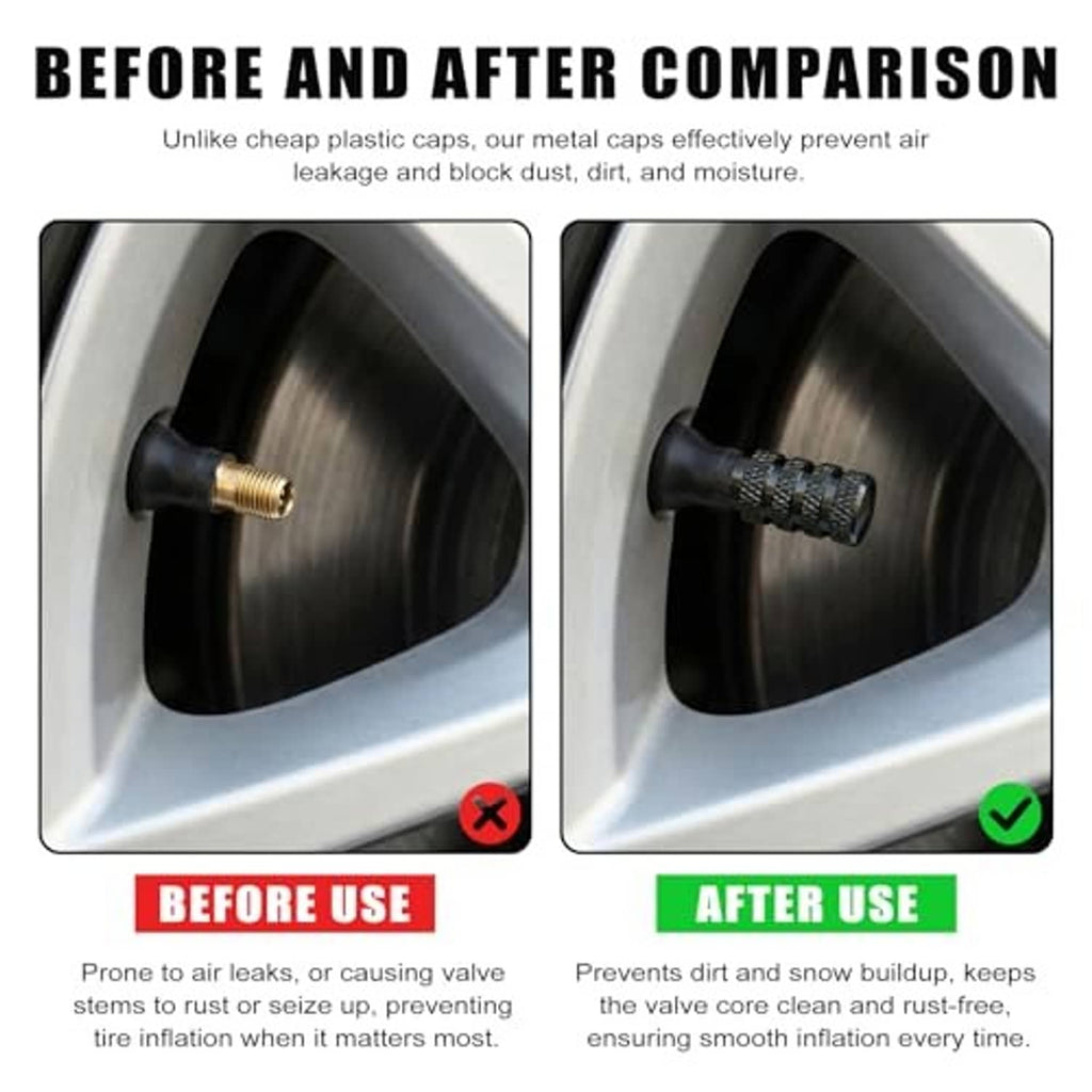 Tire valve stem cap on wheel valve stem, before and after comparison graphic