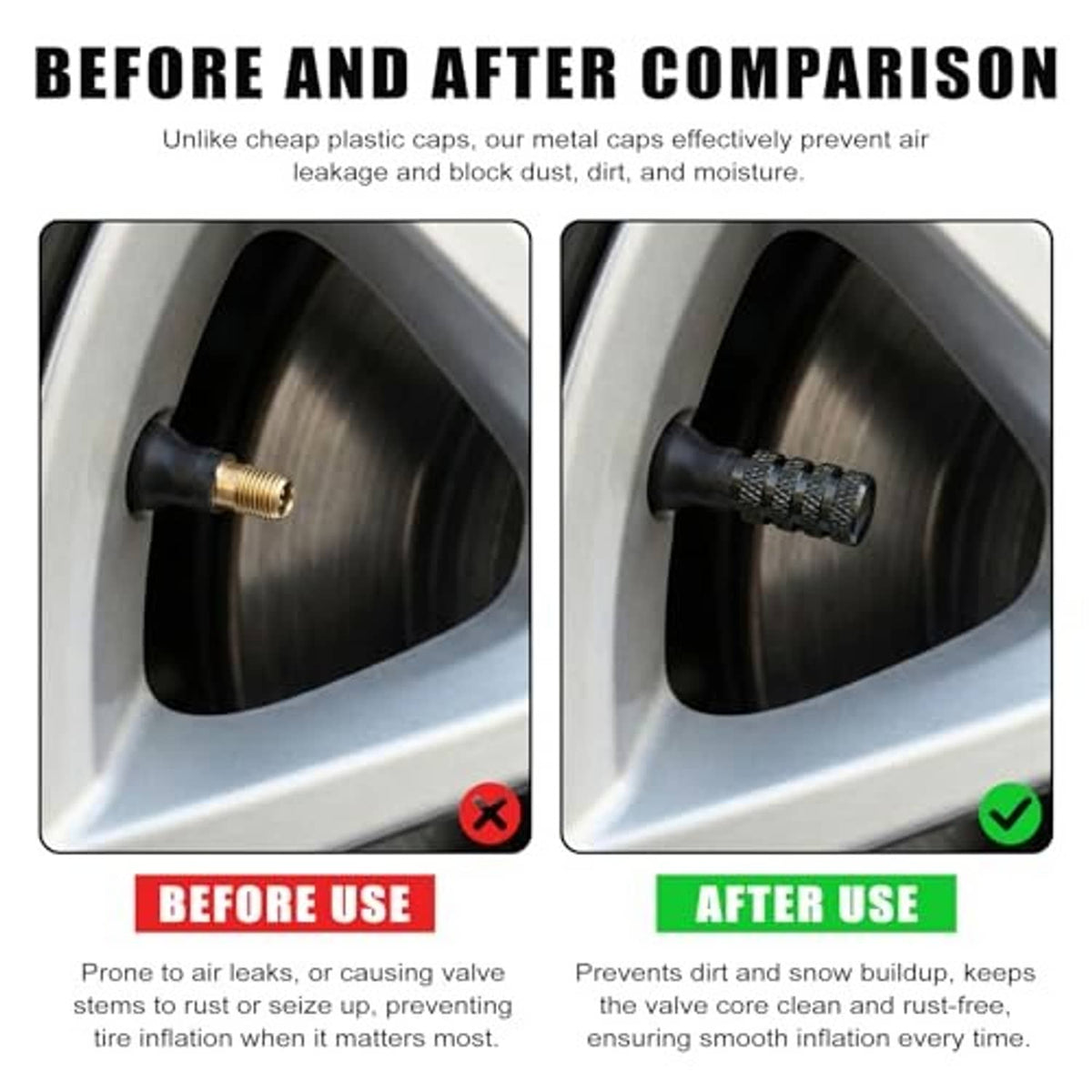 Tire valve stem cap on wheel valve stem, before and after comparison graphic