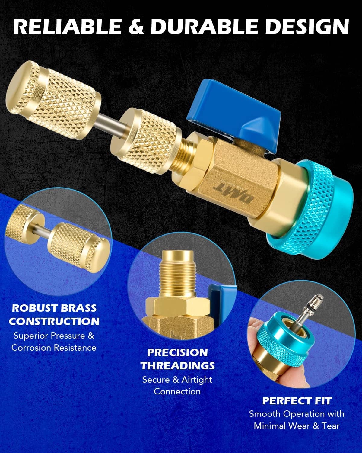 Brass AC valve core removal tool with knurled grips, precision threads, and blue handle