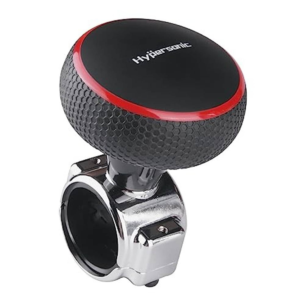 Steering wheel knob spinner: black textured grip, red trim, chrome base