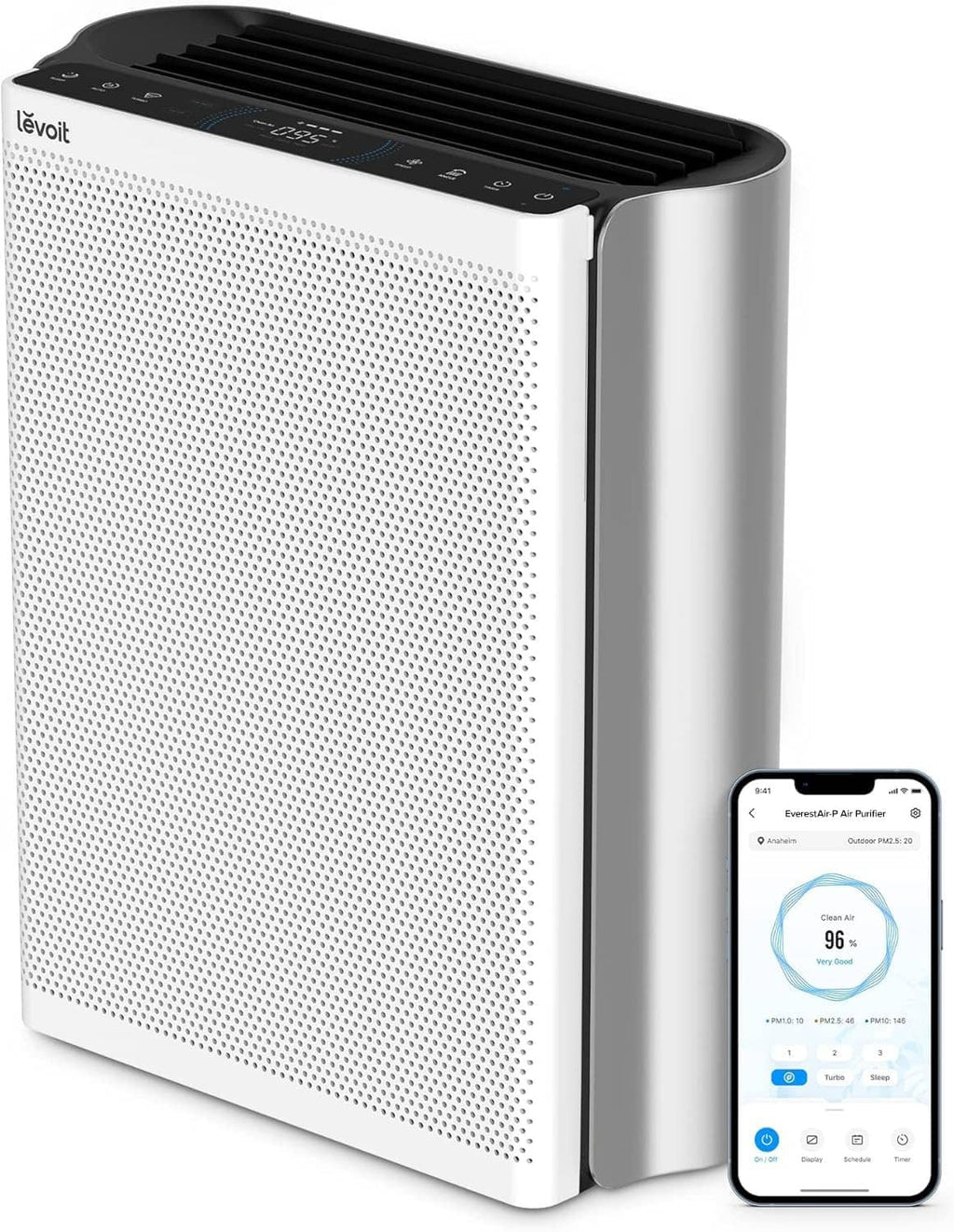 Silvery grey and white air purifier with perforated front and smartphone control