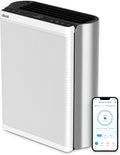 Silvery grey and white air purifier with perforated front and smartphone control