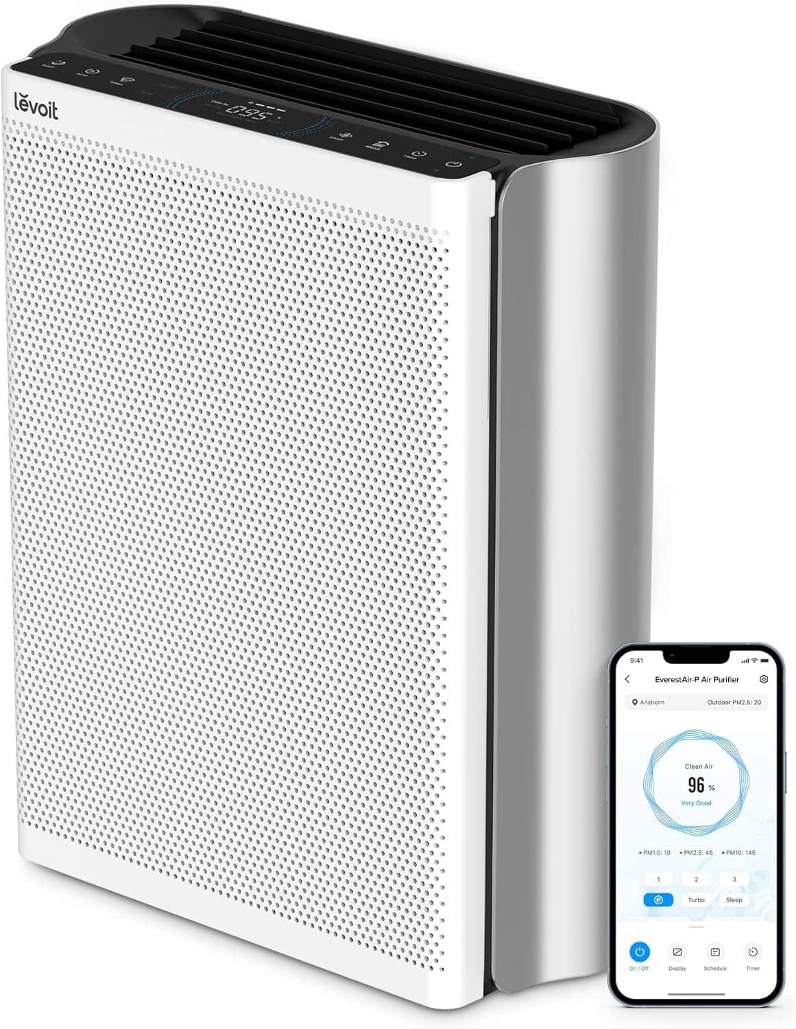 Silvery grey and white air purifier with perforated front and smartphone control
