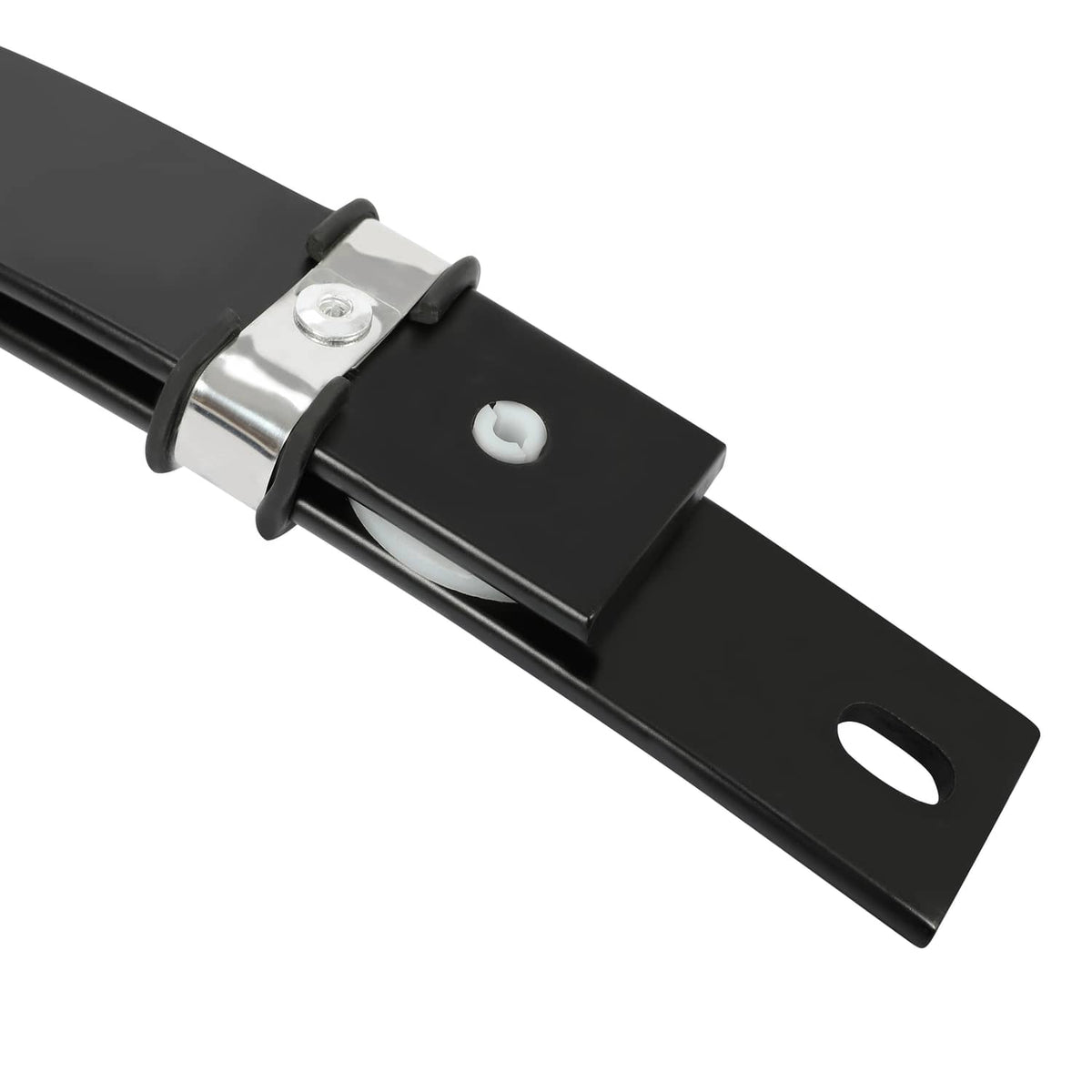 Black steel A-arm bracket with silver pivot sleeve and bolt hole