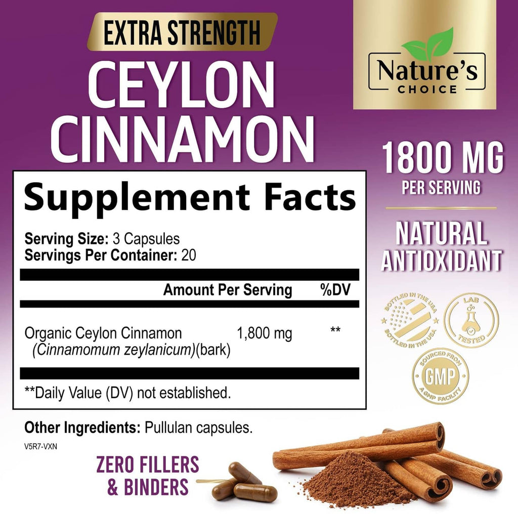 Ceylon cinnamon capsules bottle back showing Supplement Facts and 1800 mg per serving.