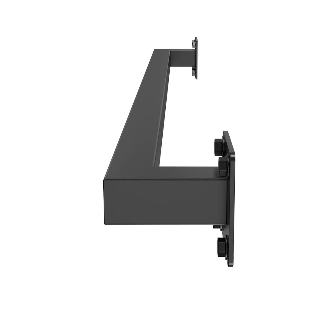 Black L-shaped wall bracket and stair handrail base section with square tube