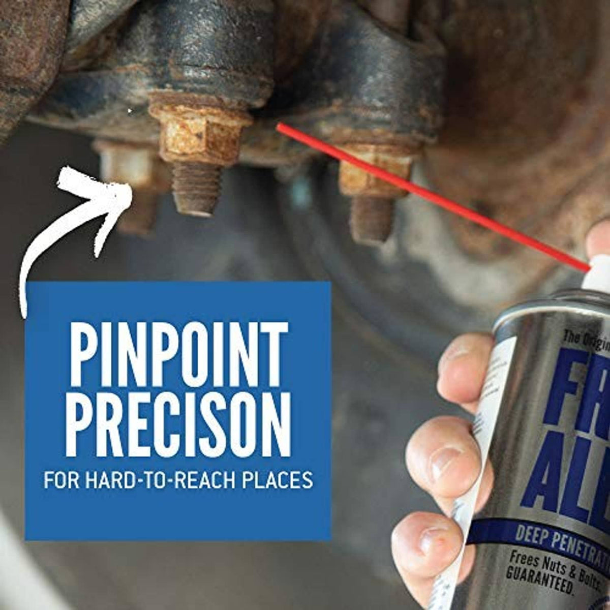 Hand holding Free All aerosol can near rusty fitting for pinpoint precision