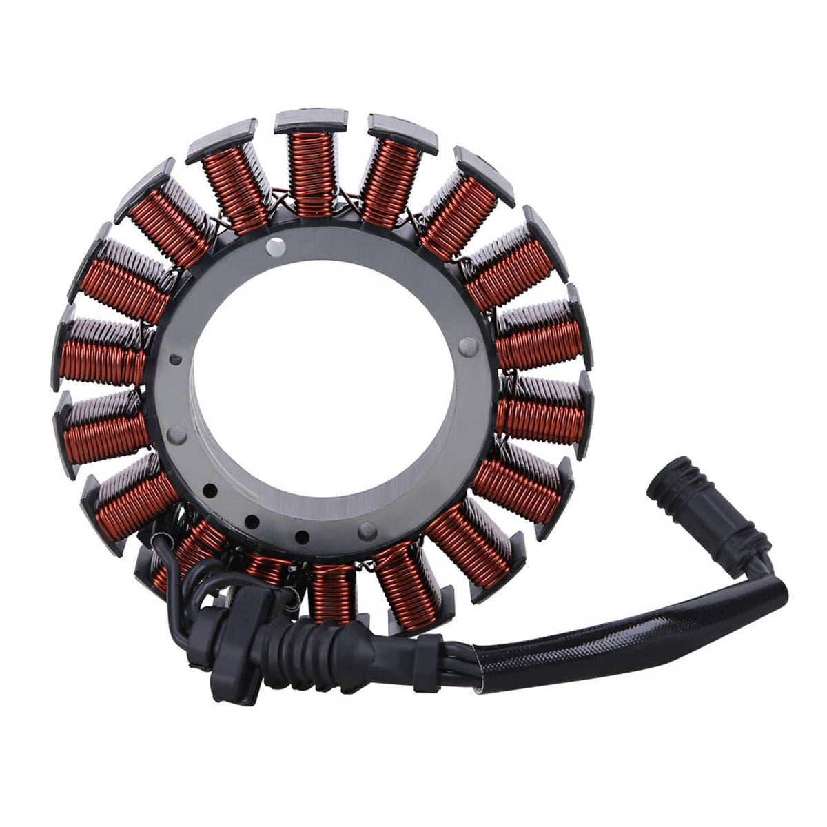 Motorcycle stator with copper coils and attached wiring harness