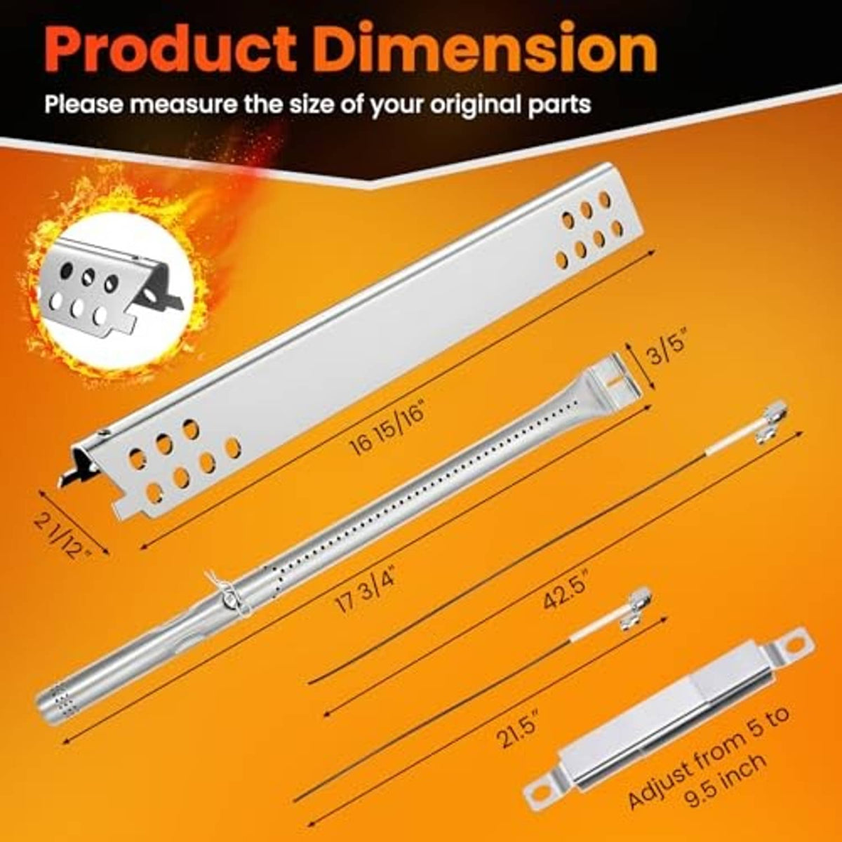 Adjustable stainless crossover tube with burner tube and measuring length marks