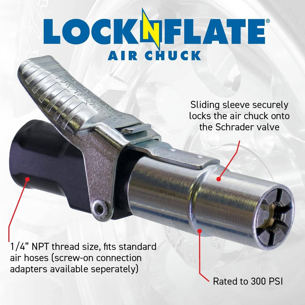 Air chuck inflator connector with sliding sleeve that locks on a Schrader valve
