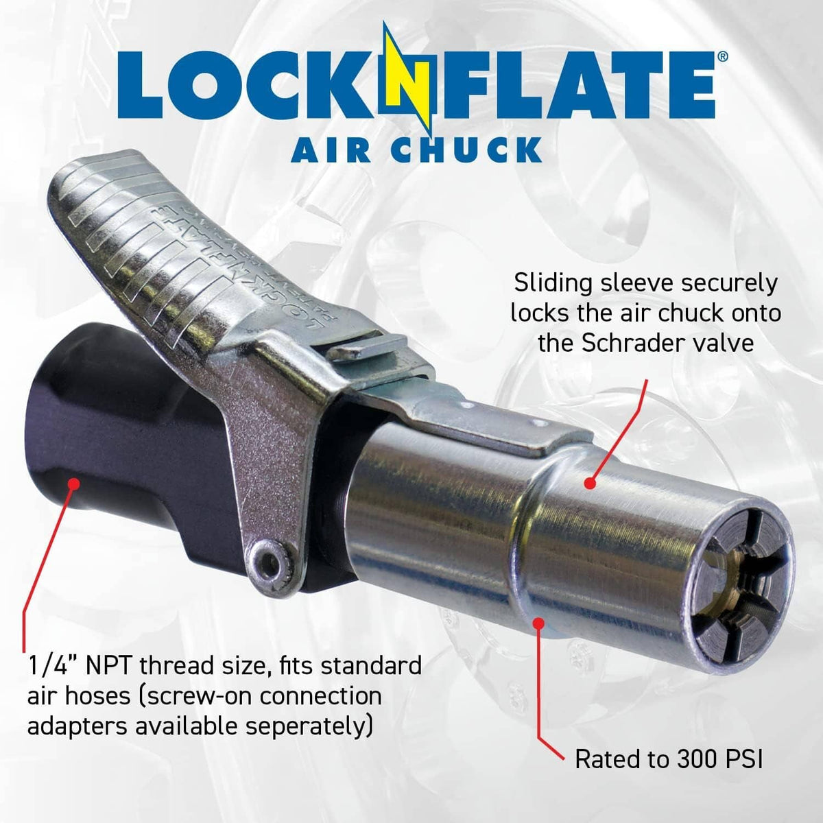 Air chuck inflator connector with sliding sleeve that locks on a Schrader valve