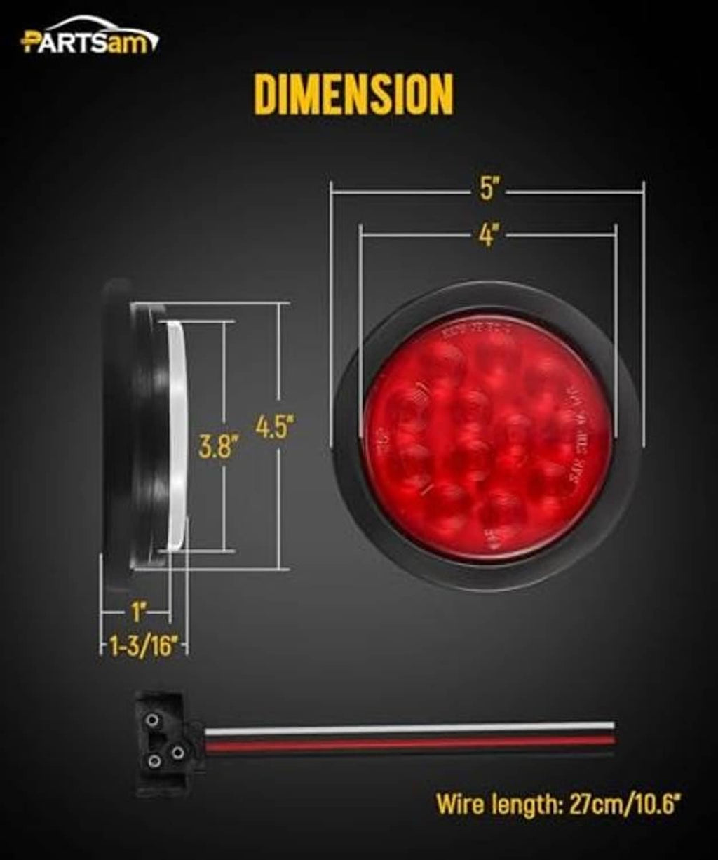 4-inch round red LED trailer light with black rim and size measurement diagram