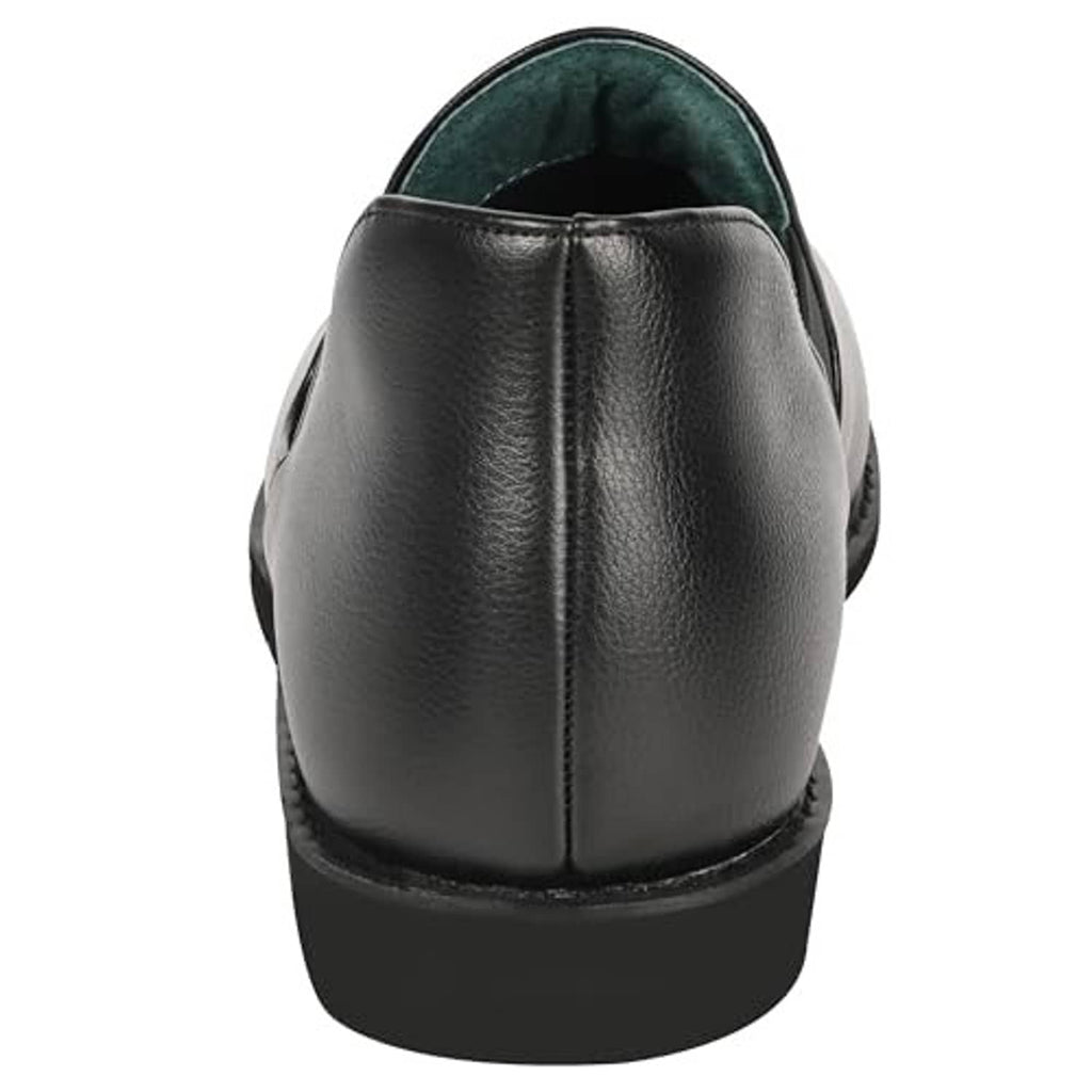 Black leather slip-on slipper with green lining, padded back seam and low heel
