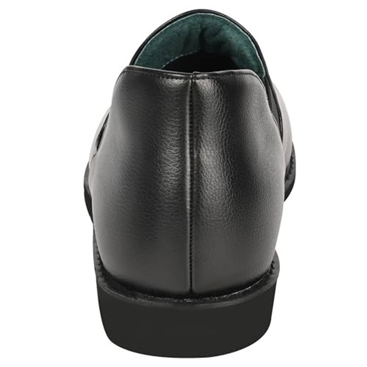 Black leather slip-on slipper with green lining, padded back seam and low heel