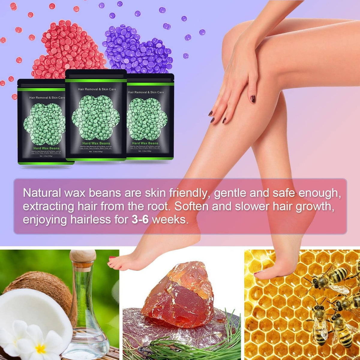 Hair removal hard wax beans shown as green beads with product bags and scoop