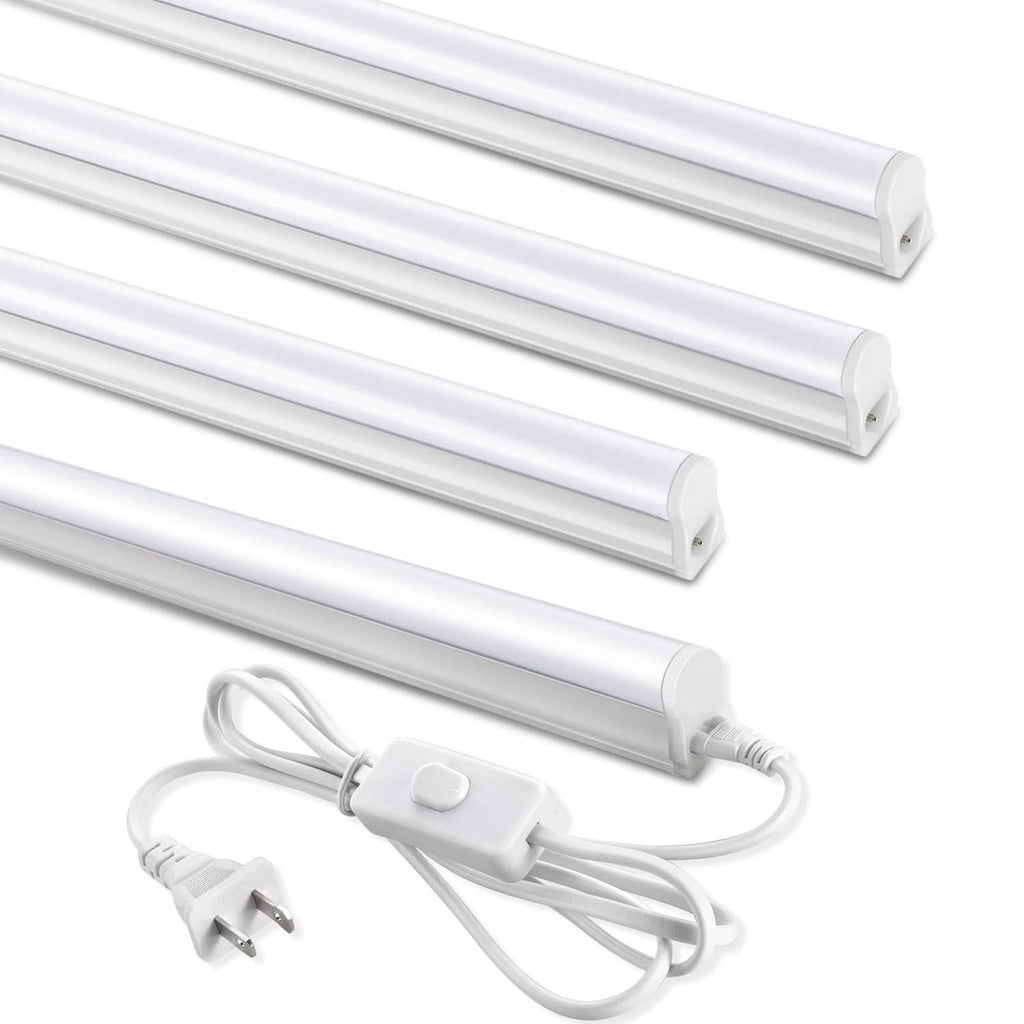 White T5 LED shop light tubes with end caps, power cord, and inline ON/OFF switch