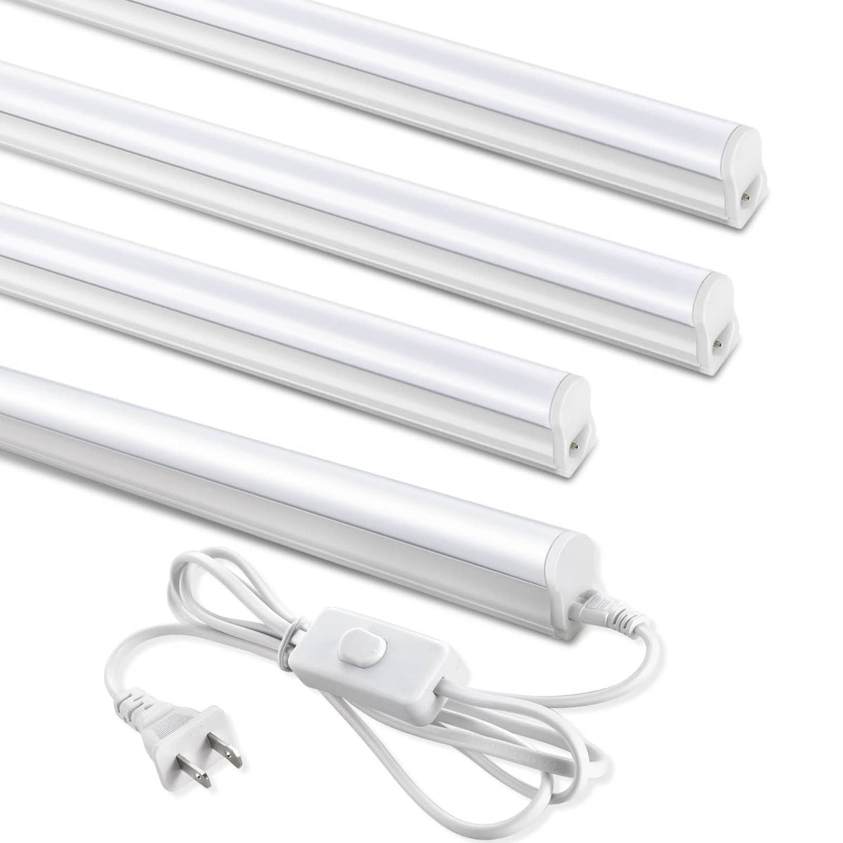 White T5 LED shop light tubes with end caps, power cord, and inline ON/OFF switch