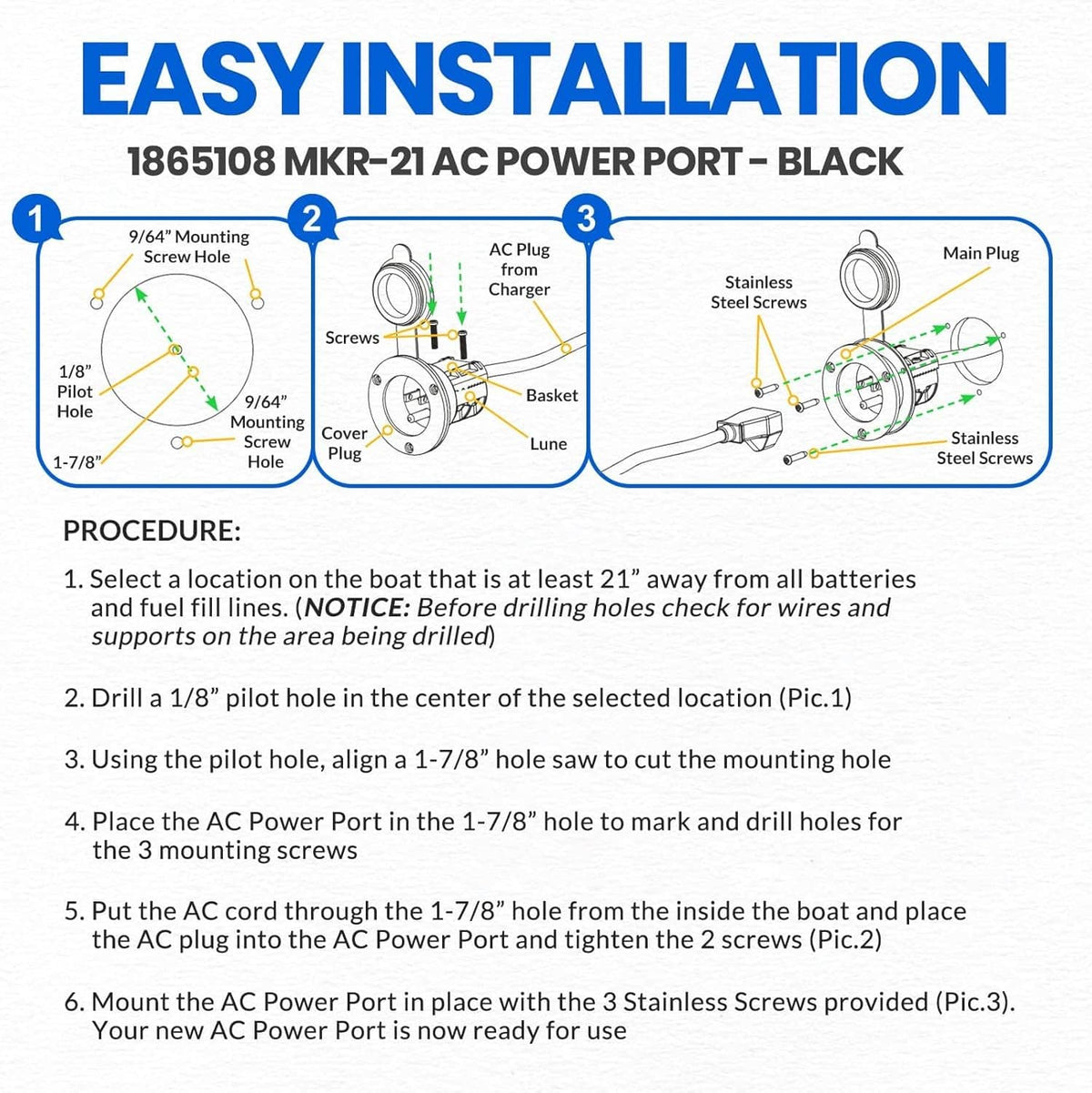 AC power port installation diagram with components and mounting steps