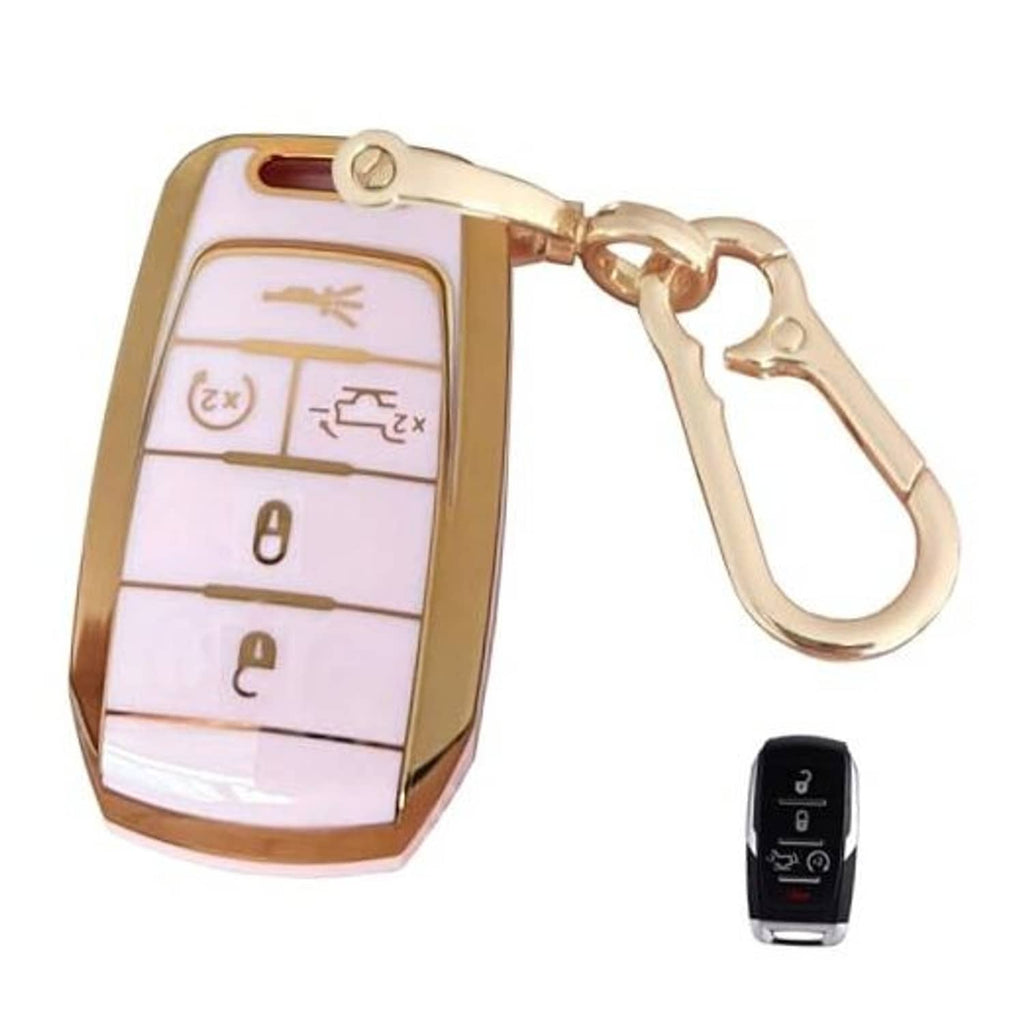 Pink key fob protective cover with gold trim and keyring, with a matching black remote