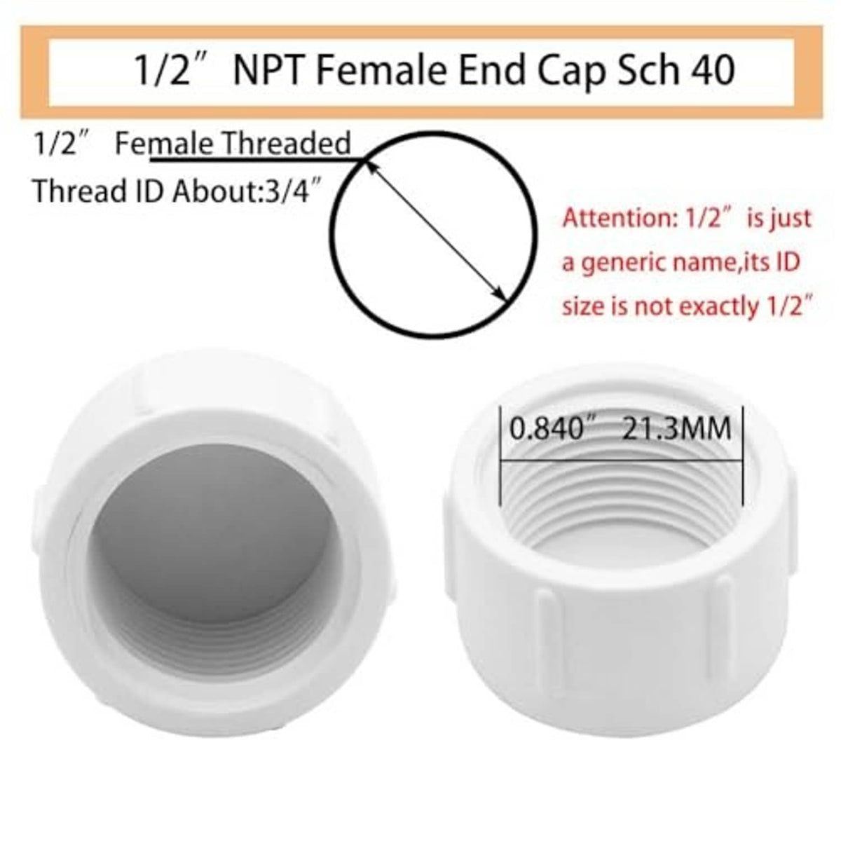 PVC female end cap plug close-up, showing deep internal thread profile