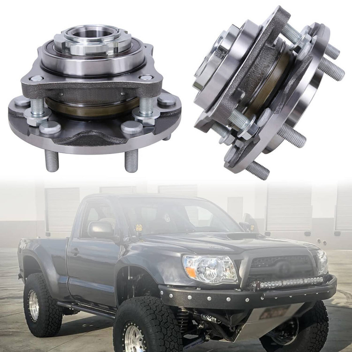Wheel hub bearing assembly with flange and studs, front and side view, metal construction