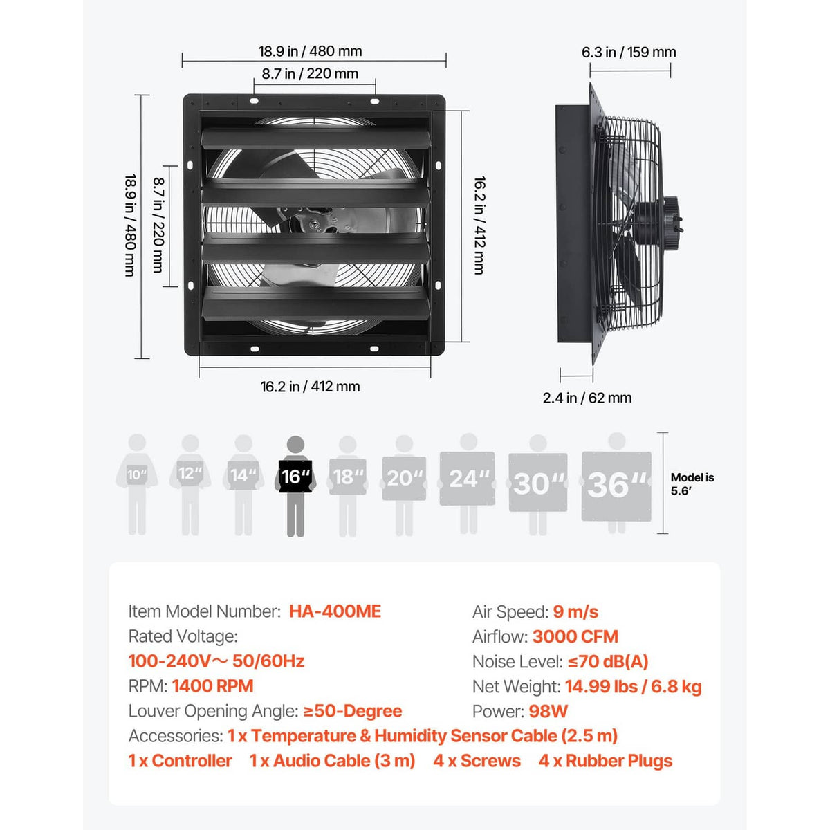 Wall-mounted shutter exhaust fan size diagram showing front and side views, black.
