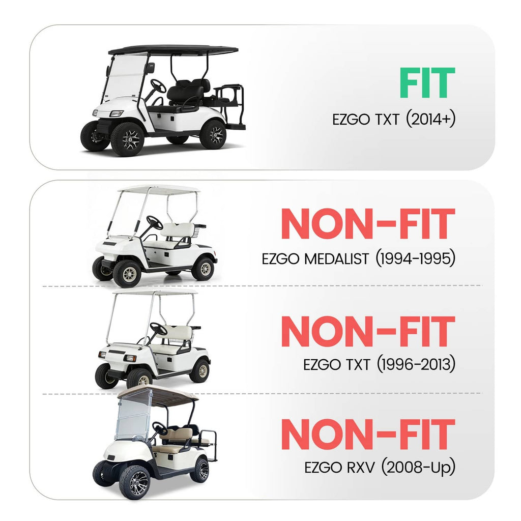 Compatibility fit guide for EZGO TXT windshield: FIT and NON-FIT model list.