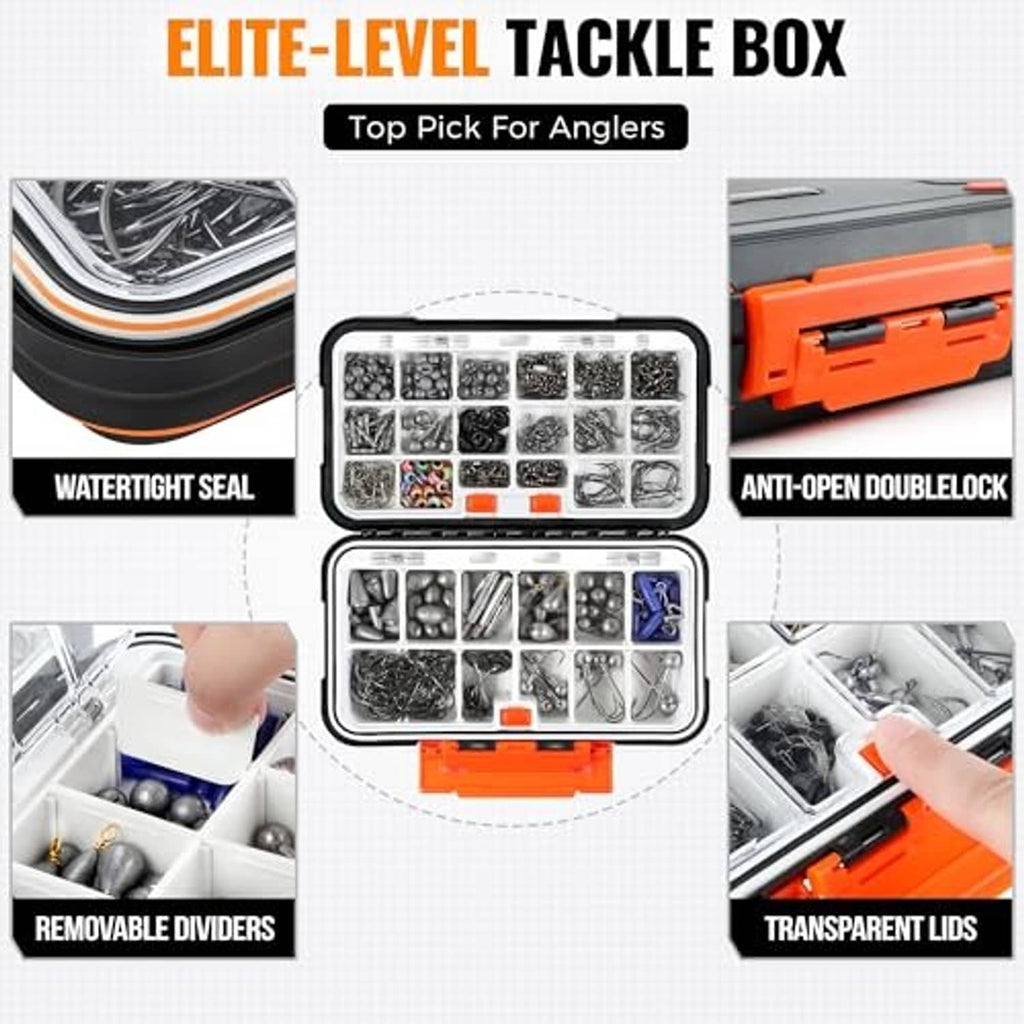 Closed orange-and-black fishing tackle box with divided tray compartments