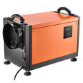 Commercial dehumidifier with orange body, black vents, and control panel, with pump