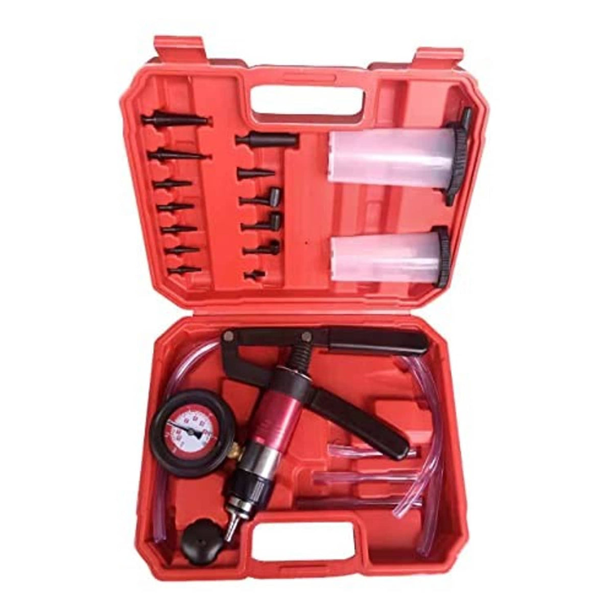 Brake bleeding tool kit with red case showing gauge, pump, and nozzle insert rows