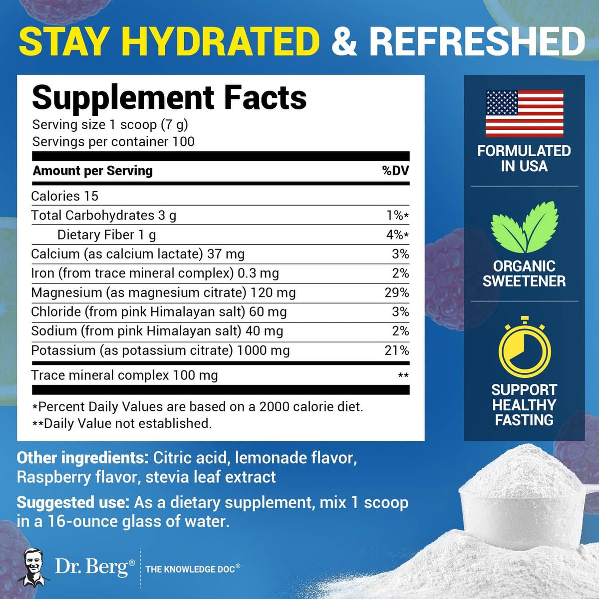 Electrolyte powder label panel with supplement facts, minerals, and ingredients
