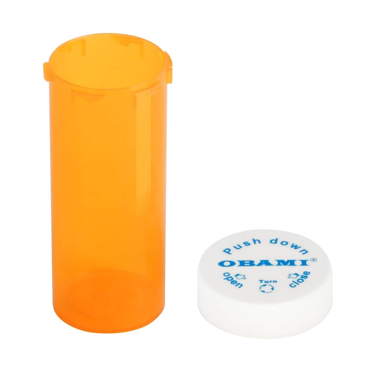 Orange plastic pill bottle with open white child-resistant cap