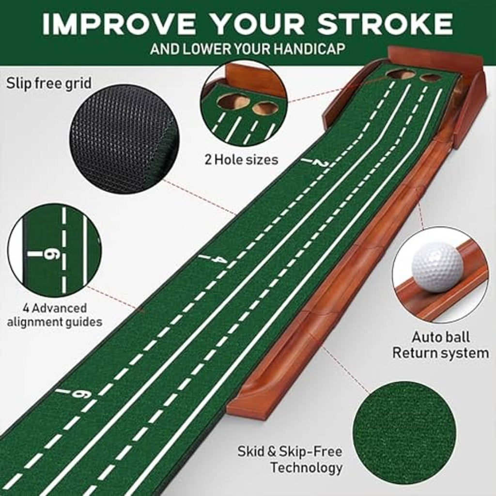 Long green golf putting track mat with dashed alignment lines on brown wooden ramp