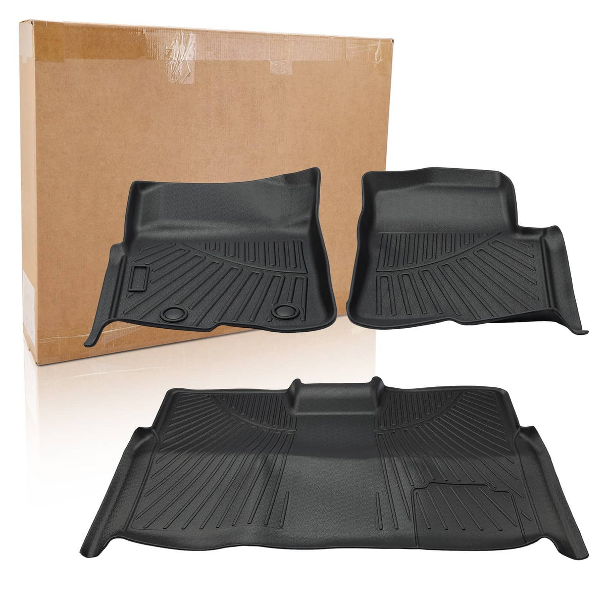 Black molded rubber floor mat set with raised ridges for front and rear