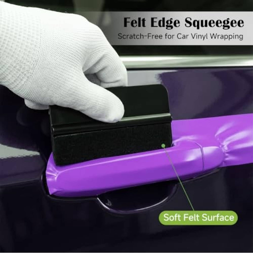 Felt edge squeegee for window tinting with soft felt surface on a car panel