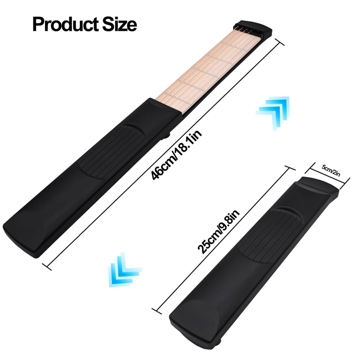Black 6-string guitar practice tool length with wooden fretted fingerboard
